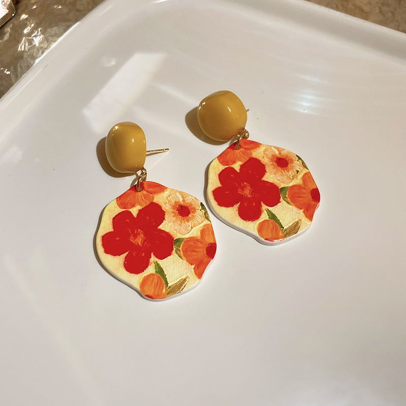 Wholesale Silver Needle French Oil Painting Sunflower Earrings